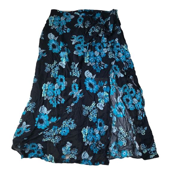 Free People Women's Blue Floral Midi Faux Wrap Skirt with Slit Size 10 - Picture 1 of 14